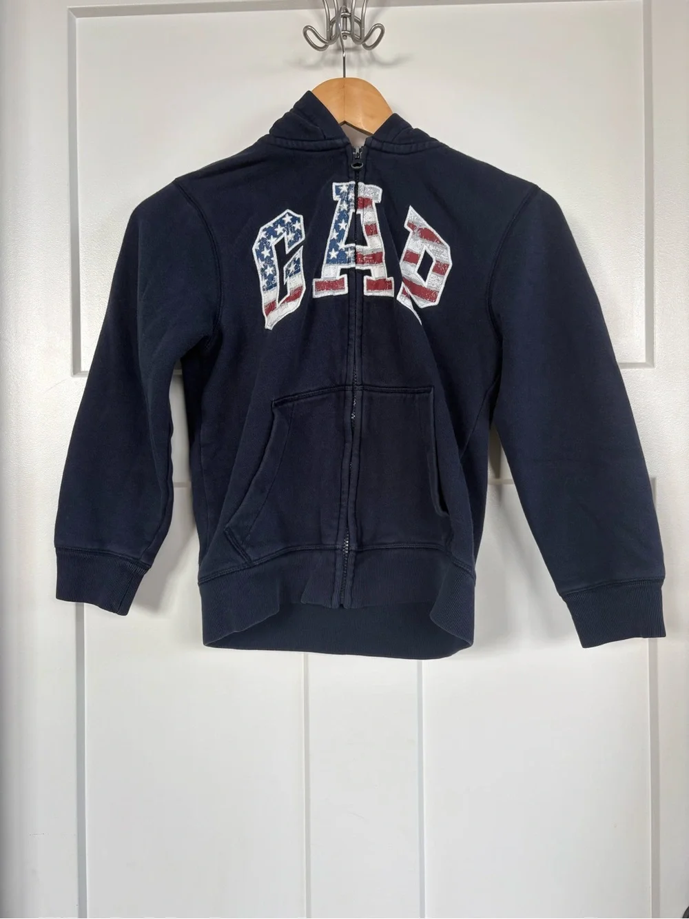 GAP Kids Navy Zip-Up Hoodie with Stars & Stripes, USA Flag Logo Gap Size Medium